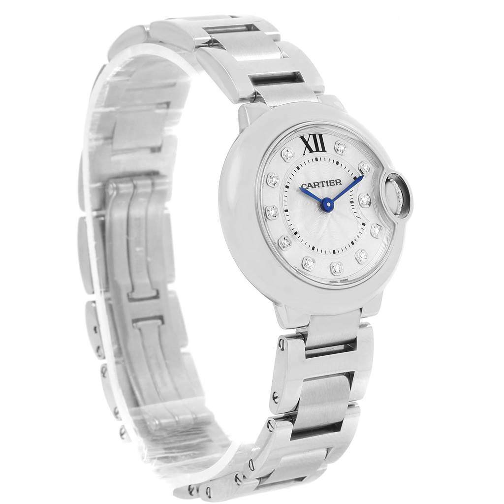 This image shows the front and side view of a Cartier Ballon Bleu WE902073 Women
s Stainless Steel Silver Dial WE902073 Women
s Stainless Steel Silver Dial watch, highlighting the bracelet and face.