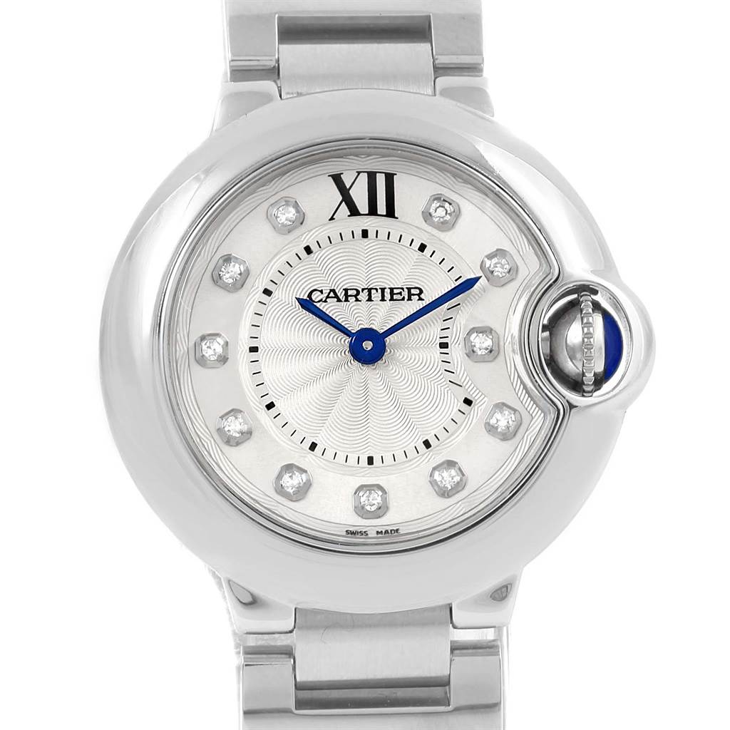 The image shows a close-up of the dial and bracelet of a Cartier Ballon Bleu WE902073 Women
s Stainless Steel Silver Dial WE902073 Women
s Stainless Steel Silver Dial watch.