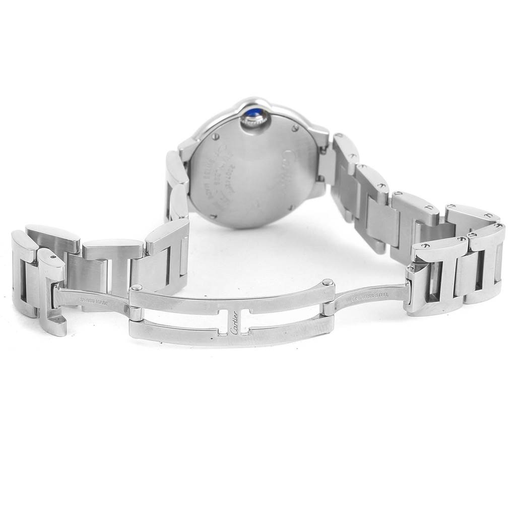The image shows the back and bracelet of a Cartier Ballon Bleu W69010Z4 Women's Stainless Steel Silver Dial W69010Z4 Women's Stainless Steel Silver Dial watch, with the watch laid flat and the bracelet open.