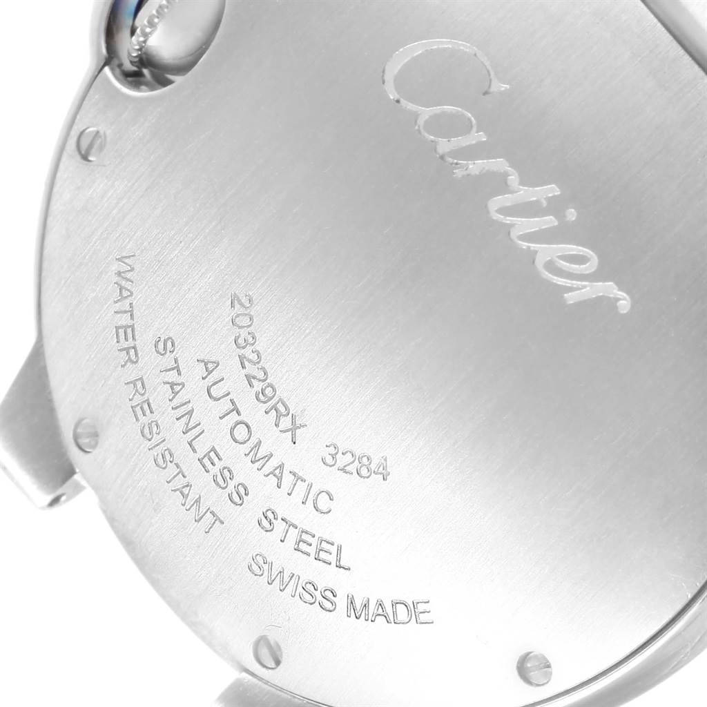 The image shows the back casing of a Cartier Ballon Bleu W6920046 Women's Stainless Steel Silver Dial W6920046 Women's Stainless Steel Silver Dial watch, displaying its engravings and specifications.