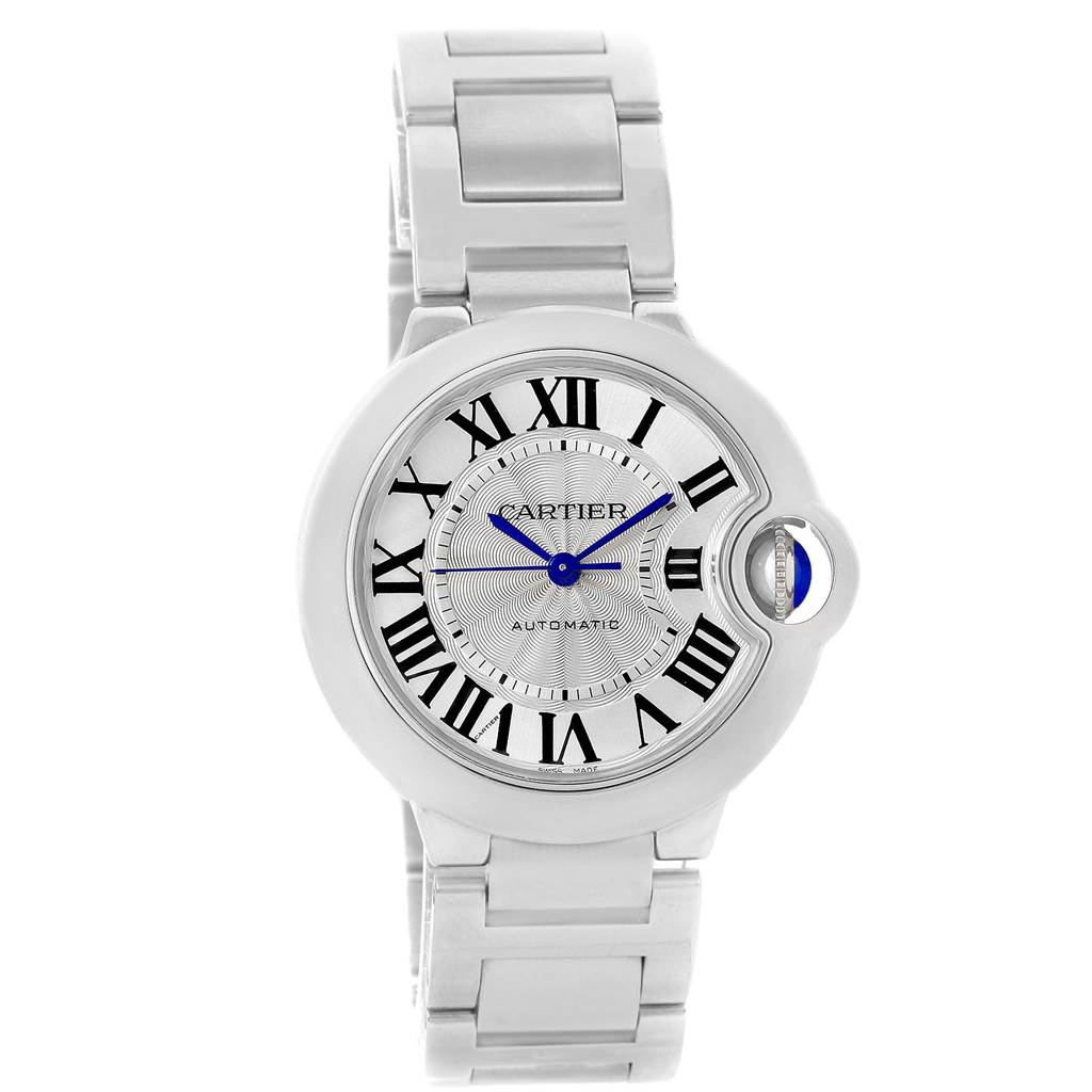 The image shows a front view of the Cartier Ballon Bleu W6920046 Women's Stainless Steel Silver Dial W6920046 Women's Stainless Steel Silver Dial watch, featuring a silver dial with Roman numerals and a stainless steel bracelet.