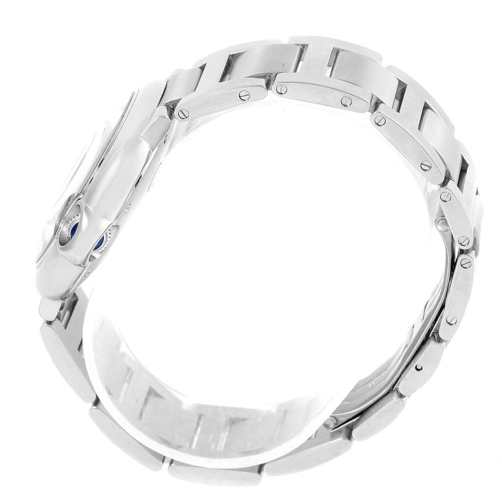 This image shows a side view of the bracelet and case edge of the Cartier Ballon Bleu W6920046 Women's Stainless Steel Silver Dial W6920046 Women's Stainless Steel Silver Dial watch.