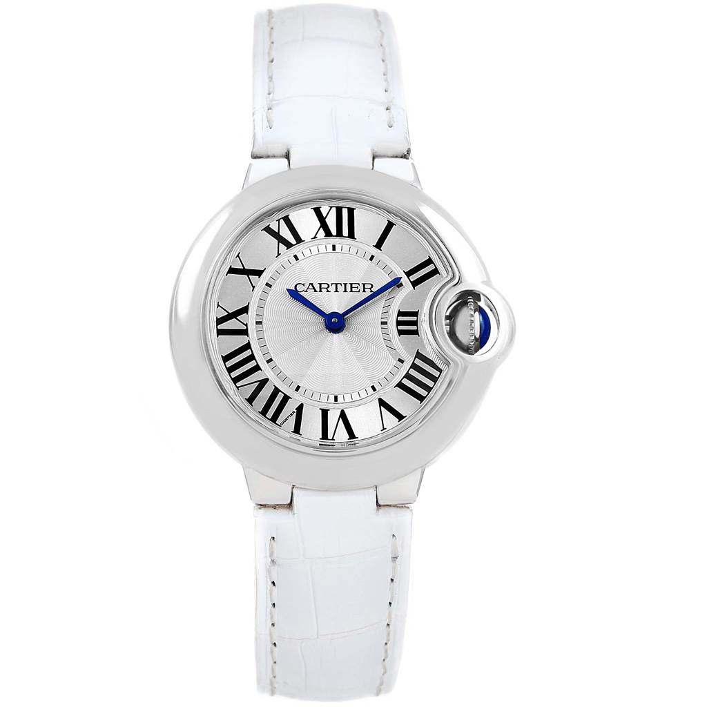 This image shows a front view of a Cartier Ballon Bleu W6920086 Women's Stainless Steel Silver Dial W6920086 Women's Stainless Steel Silver Dial watch with a white strap.