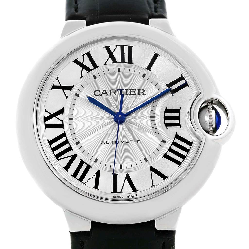 The image shows a front view of the Cartier Ballon Bleu W69017Z4 Women
s Stainless Steel Silver Dial W69017Z4 Women
s Stainless Steel Silver Dial watch, highlighting its dial, Roman numerals, blue hands, and crown.