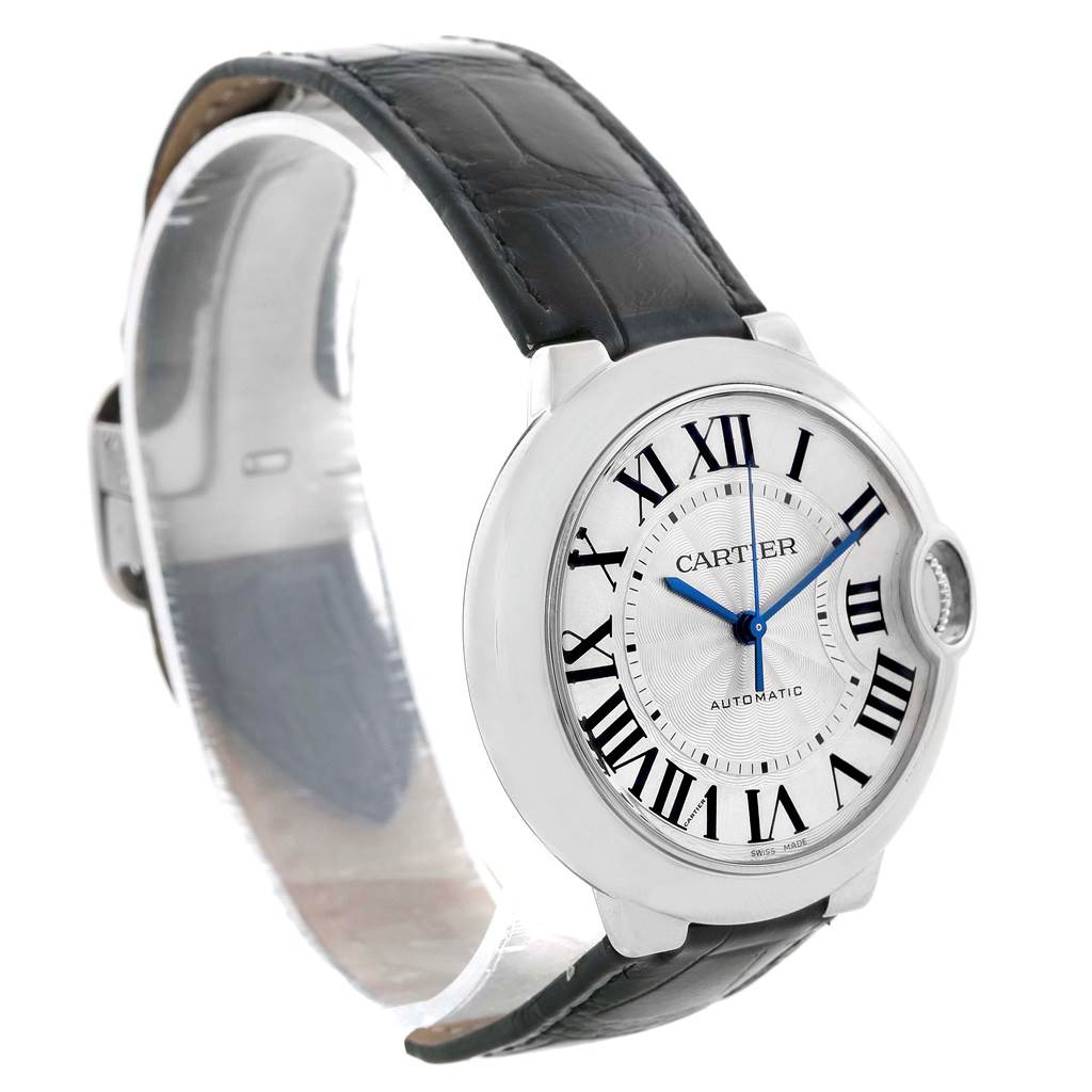 This image shows the front and left side angle of the Cartier Ballon Bleu W69017Z4 Women
s Stainless Steel Silver Dial W69017Z4 Women
s Stainless Steel Silver Dial watch, featuring its dial, case, and strap.