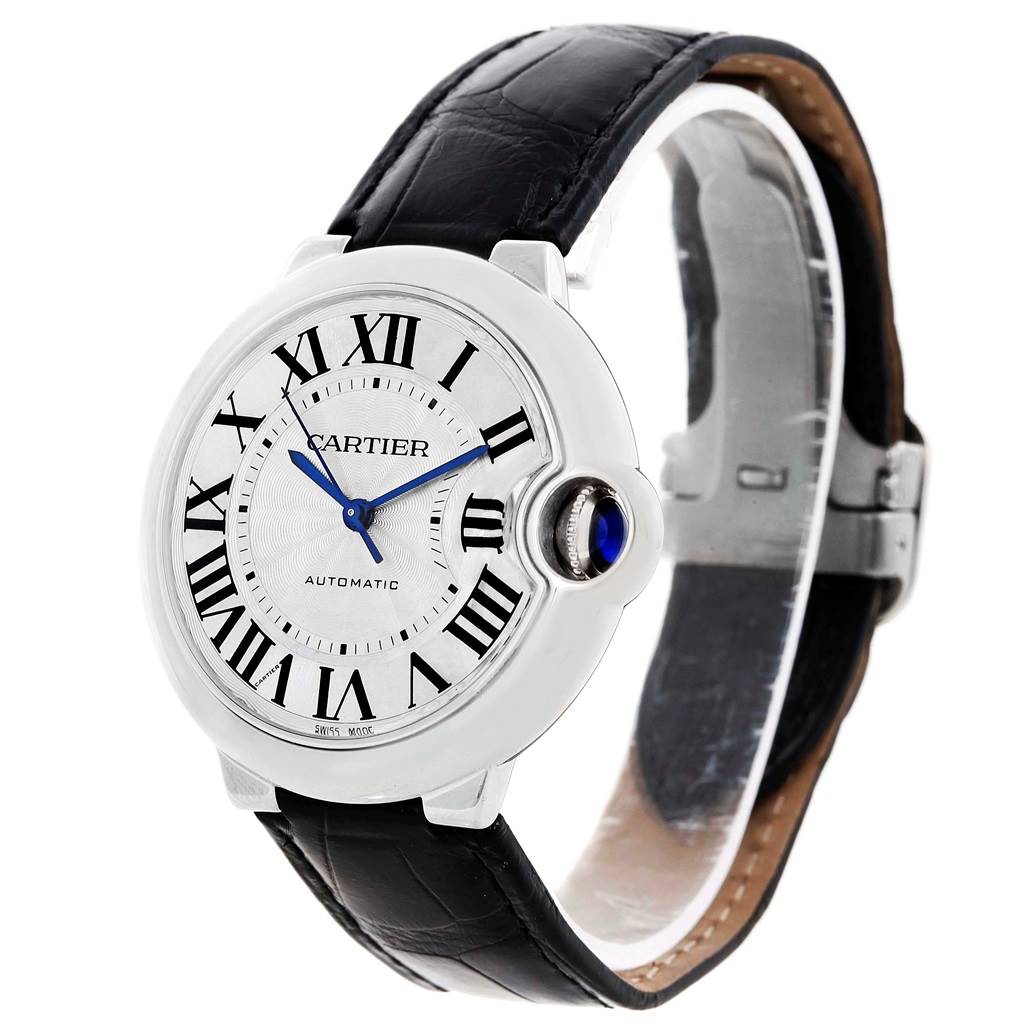This image shows a Cartier Ballon Bleu W69017Z4 Women
s Stainless Steel Silver Dial W69017Z4 Women
s Stainless Steel Silver Dial watch at an angled view highlighting its face, strap, and crown.