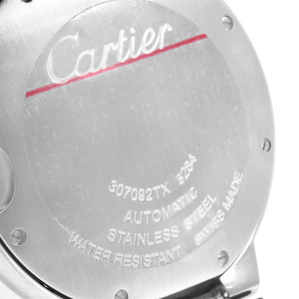 This image shows the back case of the Ballon Bleu by Cartier watch, featuring its engraved brand and specifications.