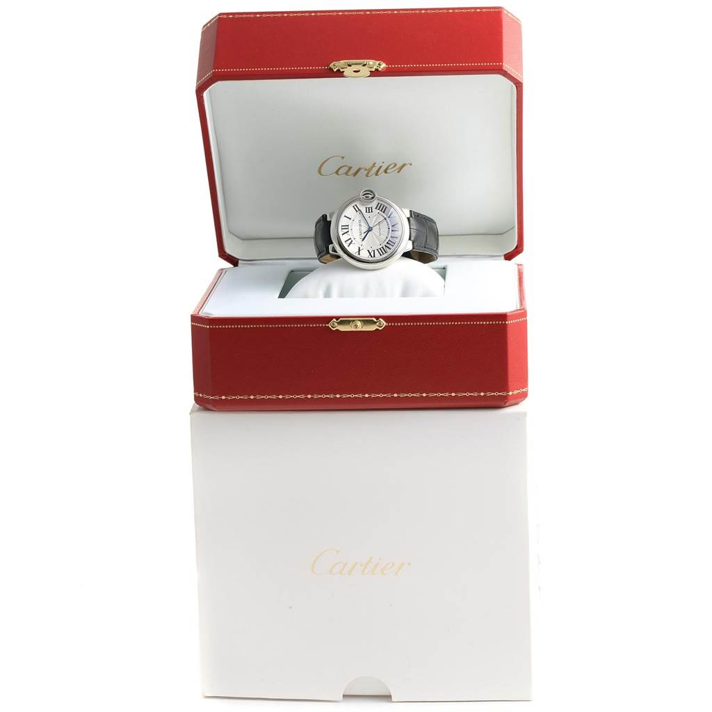 The image shows a Cartier Ballon Bleu W69017Z4 Women
s Stainless Steel Silver Dial W69017Z4 Women
s Stainless Steel Silver Dial watch placed in an open Cartier red leather presentation box.
