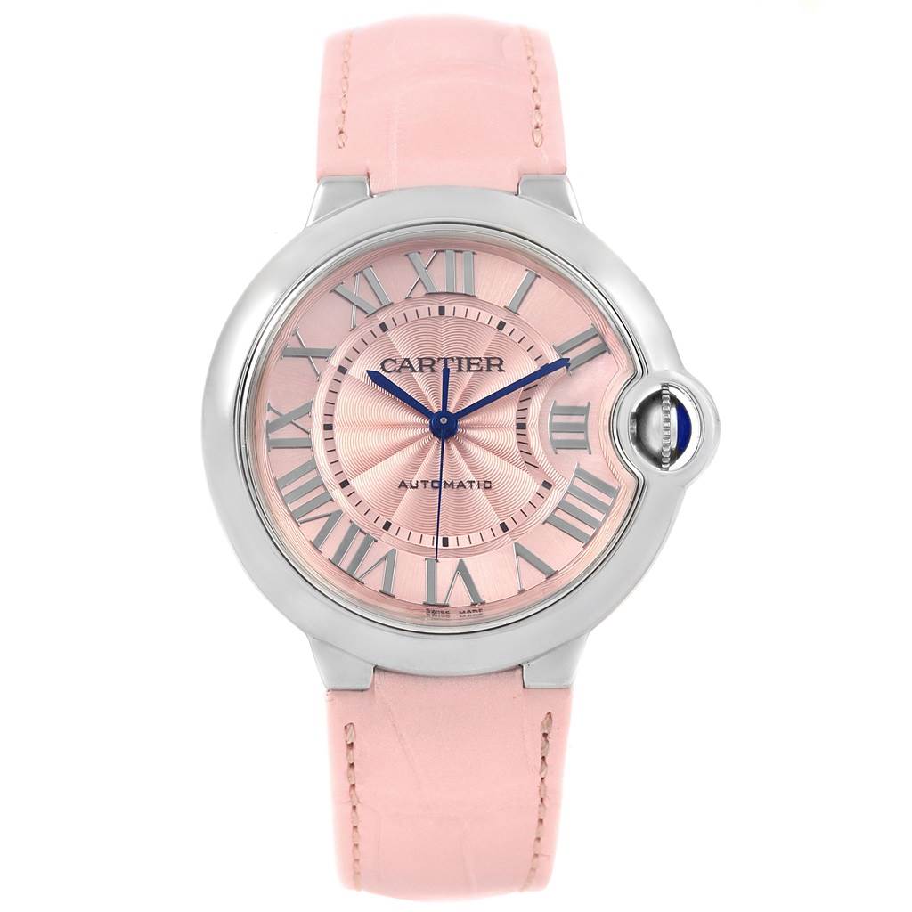 The image shows a front view of a Cartier Ballon Bleu WSBB0007 Women
s Stainless Steel Pink Dial WSBB0007 Women
s Stainless Steel Pink Dial watch with a pink dial and strap.
