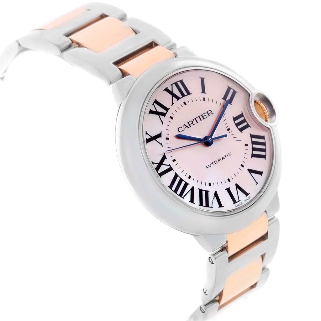 The Cartier Ballon Bleu W6920098 Women's Steel and Gold (two tone) Mother of Pearl Dial W6920098 Women's Steel and Gold (two tone) Mother of Pearl Dial watch is shown at a slight angle, highlighting the face, Roman numerals, and two-tone bracelet.