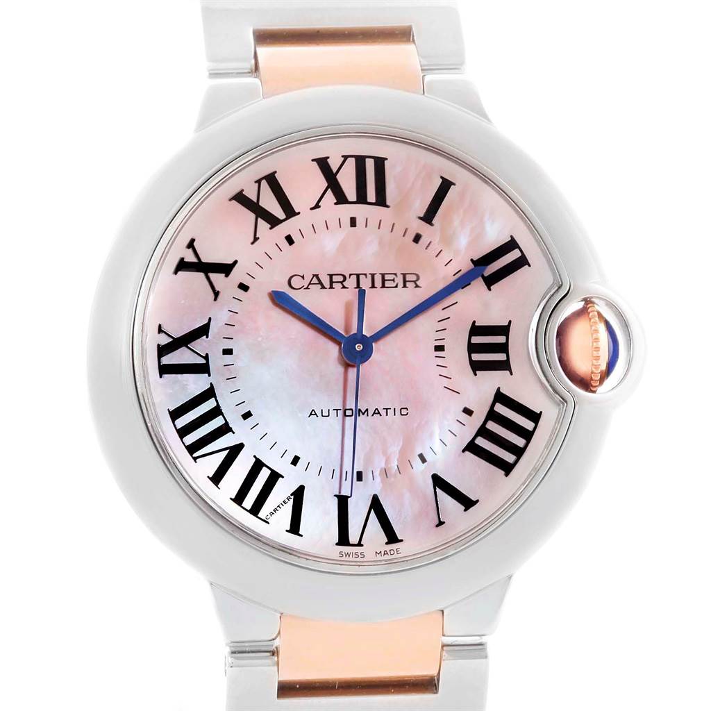 This image shows the front view of the Cartier Ballon Bleu W6920098 Women's Steel and Gold (two tone) Mother of Pearl Dial W6920098 Women's Steel and Gold (two tone) Mother of Pearl Dial model watch, highlighting its dial, hands, and crown.