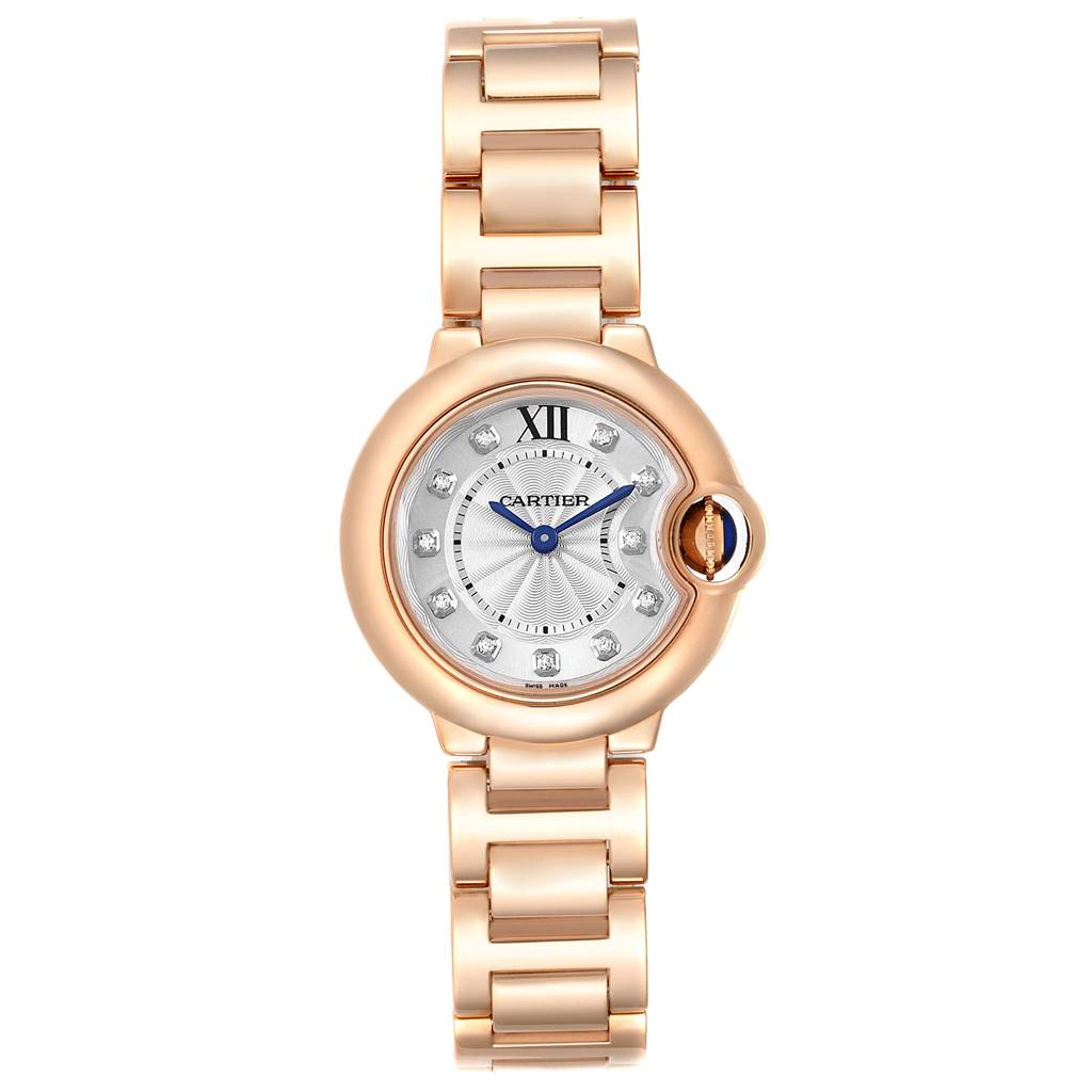 This image shows a front view of the Cartier Ballon Bleu WE902025 Women's Rose Gold Silver Dial WE902025 Women's Rose Gold Silver Dial watch, displaying its face and bracelet.