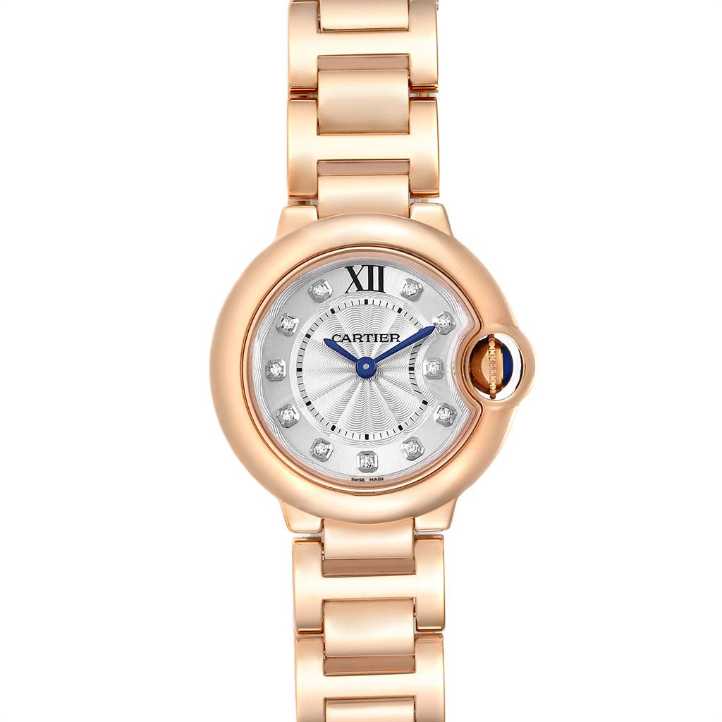 The image shows a front angle of the Cartier Ballon Bleu WE902025 Women's Rose Gold Silver Dial WE902025 Women's Rose Gold Silver Dial watch, highlighting its face, dial, and bracelet.