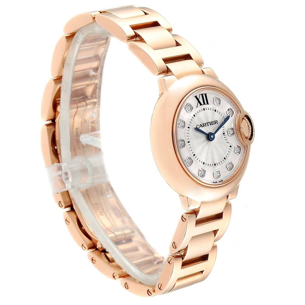 The image shows a Cartier Ballon Bleu WE902025 Women's Rose Gold Silver Dial WE902025 Women's Rose Gold Silver Dial watch from a front-left angle, highlighting the dial and bracelet.