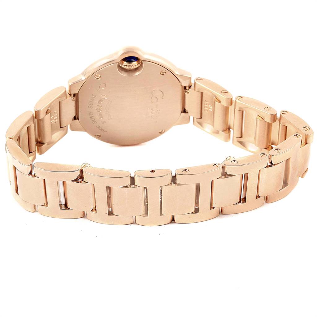 The image shows the back view of the Cartier Ballon Bleu WE902025 Women's Rose Gold Silver Dial WE902025 Women's Rose Gold Silver Dial model watch, highlighting its bracelet and case back.