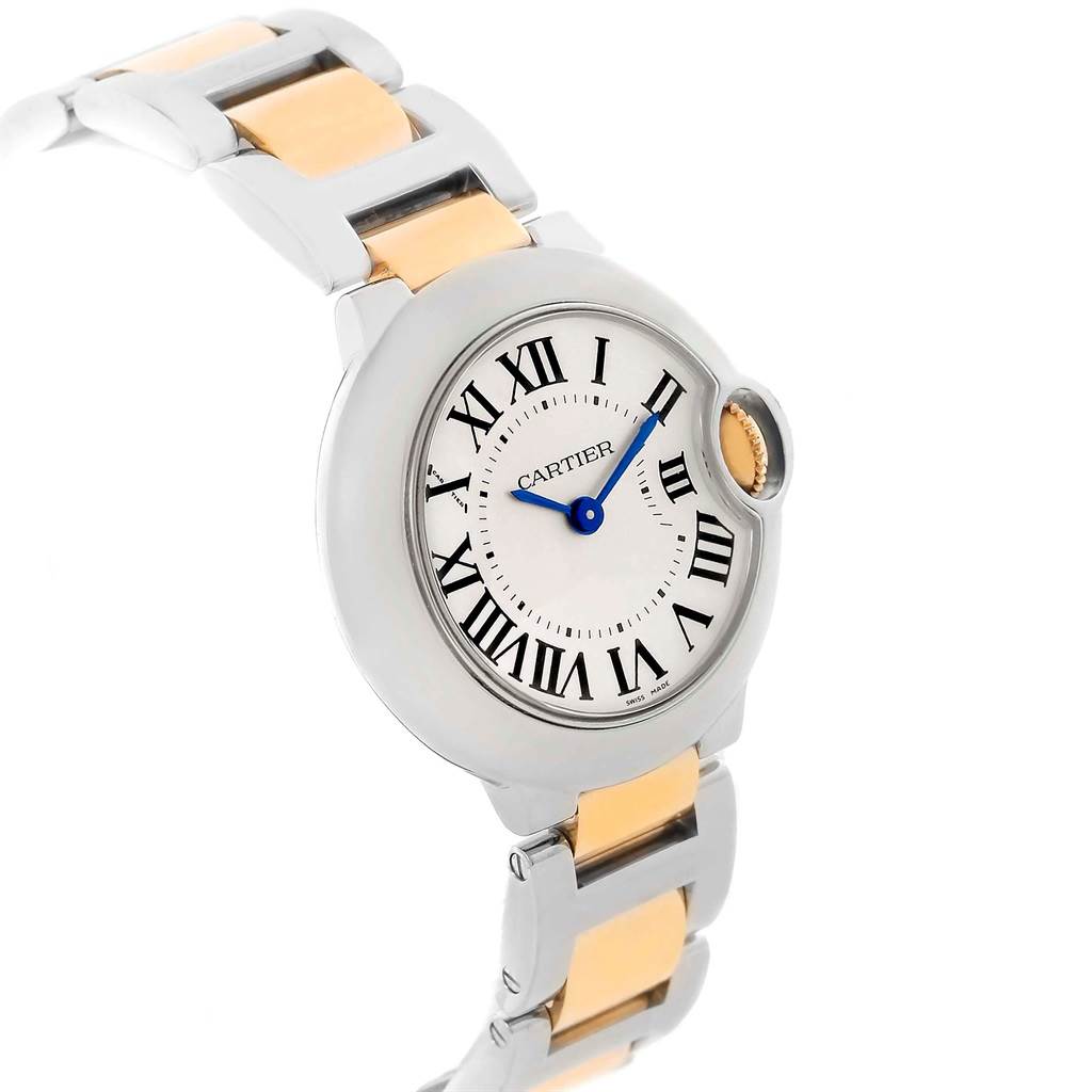 The image shows a side angle view of the Cartier Ballon Bleu W69007Z3 Women's Stainless Steel Silver Dial W69007Z3 Women's Stainless Steel Silver Dial watch, displaying the dial, steel case, and the two-tone metal bracelet.