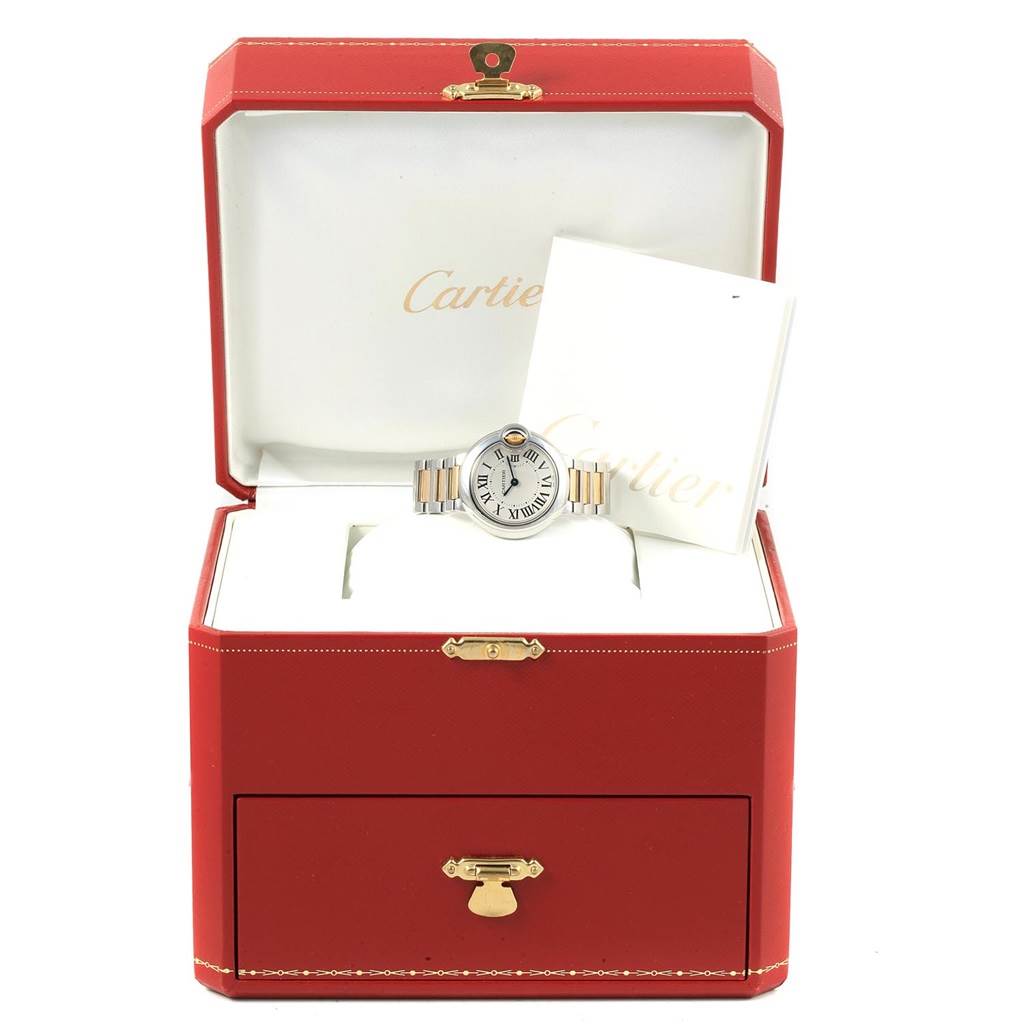 The image shows a Cartier Ballon Bleu W69007Z3 Women's Stainless Steel Silver Dial W69007Z3 Women's Stainless Steel Silver Dial watch front view, displayed in its open red box with a booklet beside it.