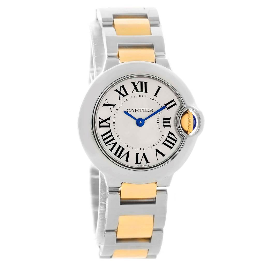 The image shows a front view of a Cartier Ballon Bleu W69007Z3 Women's Stainless Steel Silver Dial W69007Z3 Women's Stainless Steel Silver Dial watch, including the face, bezel, and bracelet.