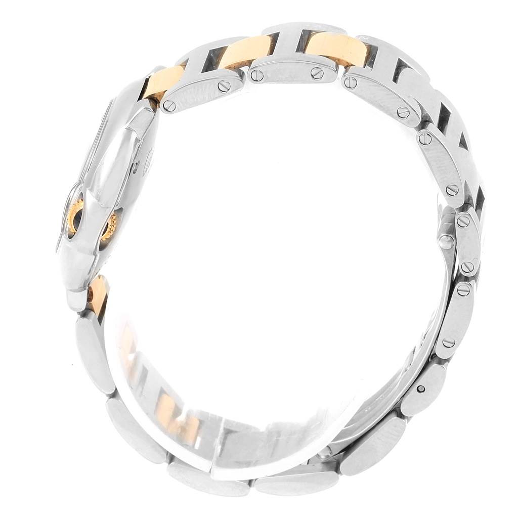 The image shows a side view of the bracelet and case of a Cartier Ballon Bleu W69007Z3 Women's Stainless Steel Silver Dial W69007Z3 Women's Stainless Steel Silver Dial watch with two-tone metal links.