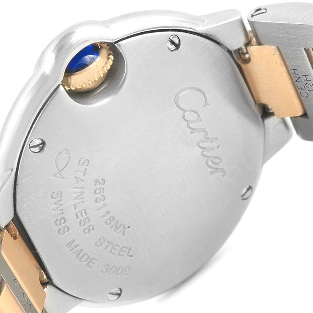 The image shows the back case and part of the bracelet of a Cartier Ballon Bleu W69007Z3 Women's Stainless Steel Silver Dial W69007Z3 Women's Stainless Steel Silver Dial watch.