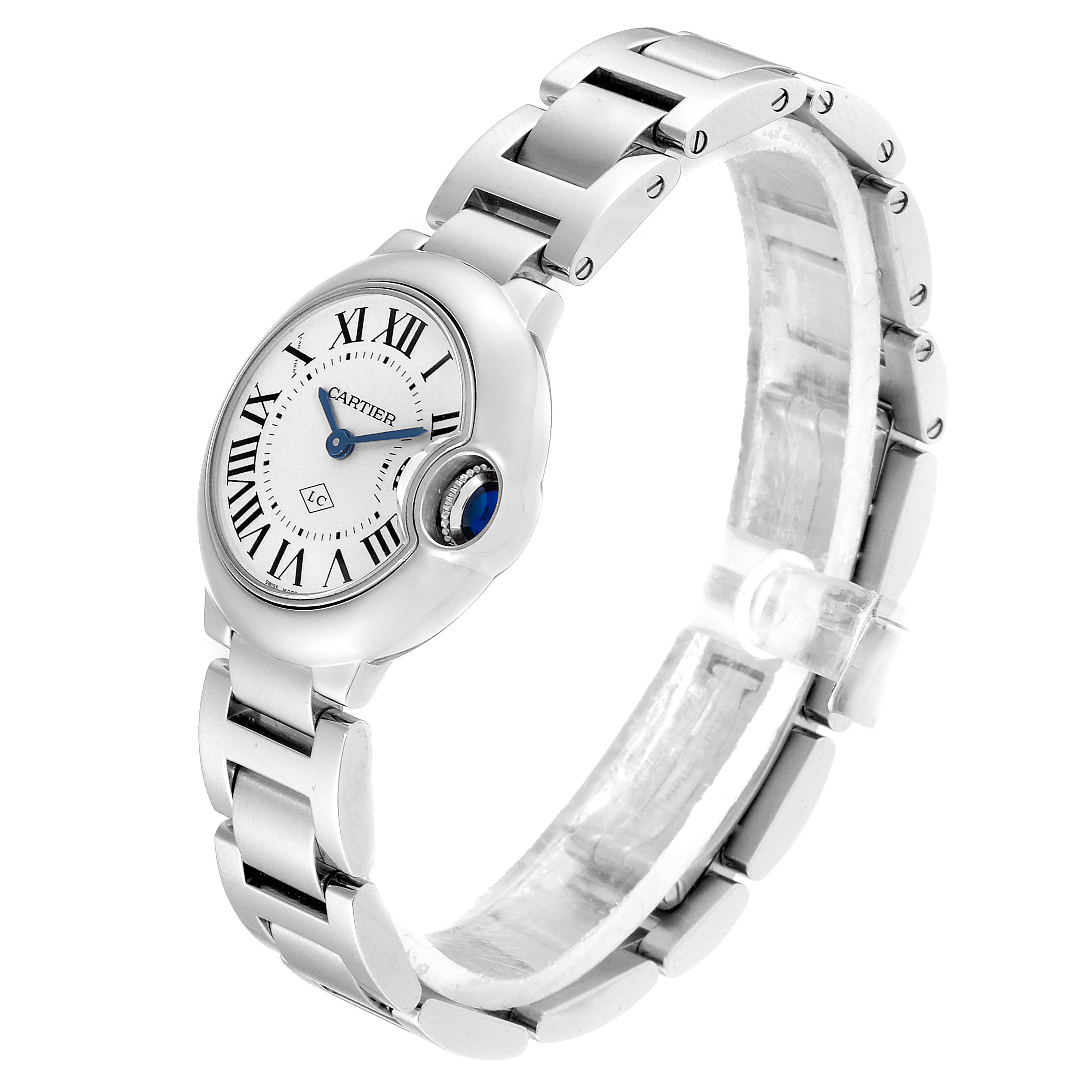 This image shows the Cartier Ballon Bleu W69010Z4 Women's Stainless Steel Silver Dial W69010Z4 Women's Stainless Steel Silver Dial watch from a three-quarter angle, highlighting its face, strap, and crown.