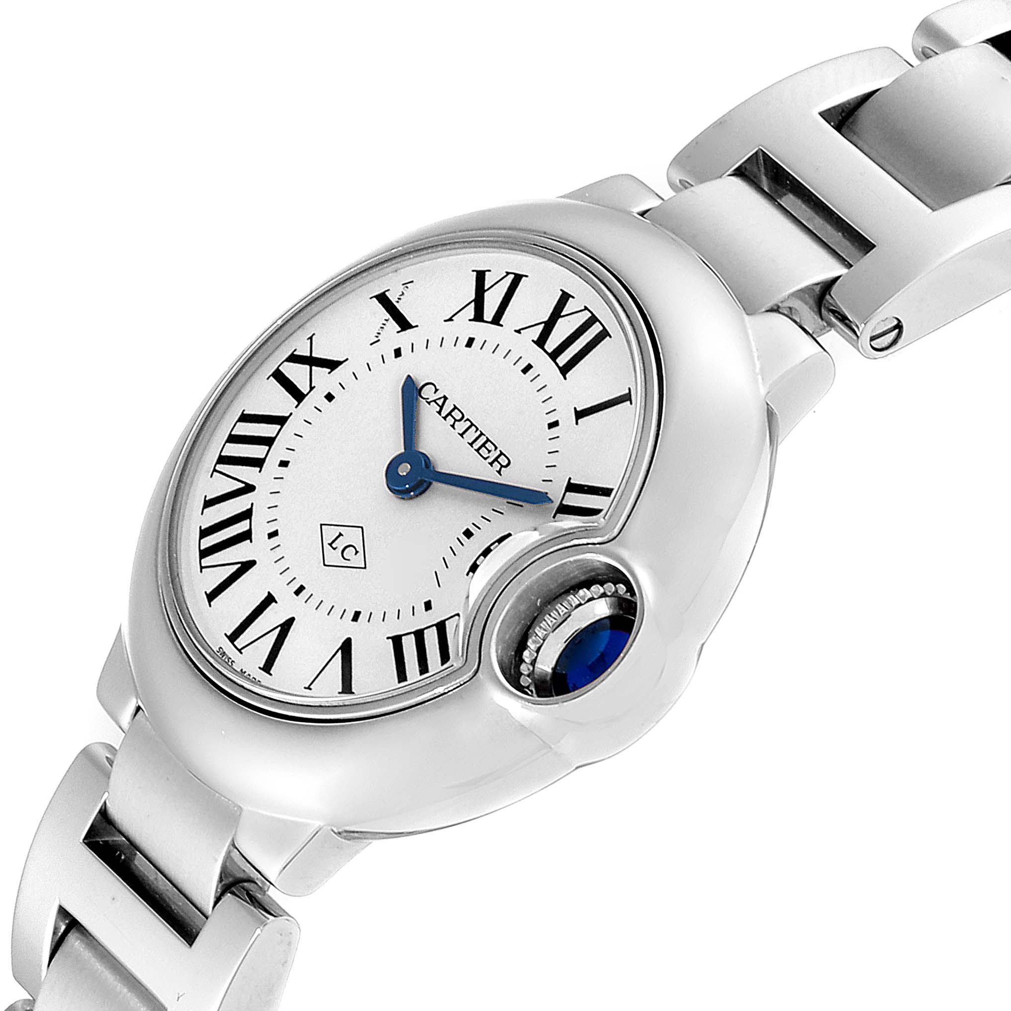 The image shows a detailed angle of the Cartier Ballon Bleu W69010Z4 Women's Stainless Steel Silver Dial W69010Z4 Women's Stainless Steel Silver Dial watch, featuring the face, bracelet, and crown with a blue cabochon.