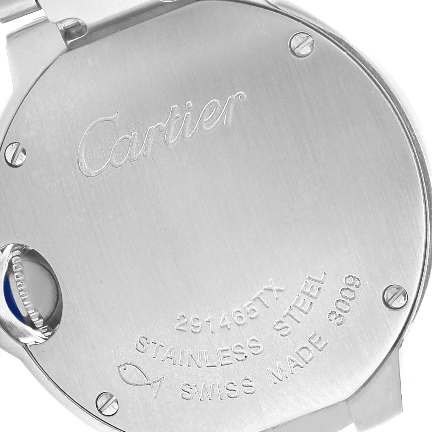 The image shows the case back of a Cartier Ballon Bleu W69010Z4 Women's Stainless Steel Silver Dial W69010Z4 Women's Stainless Steel Silver Dial watch from a rear angle, highlighting the brand engraving and watch details.