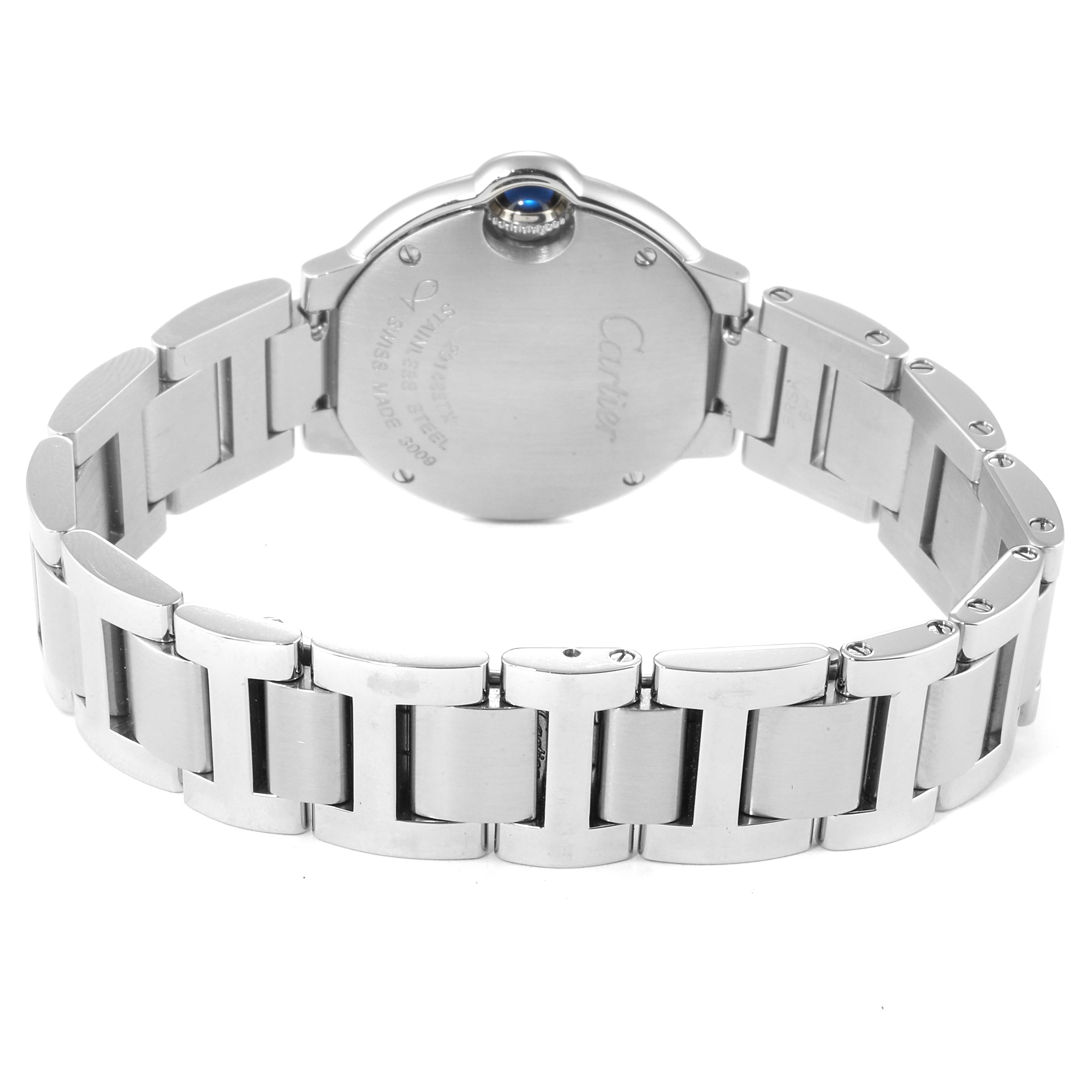 The image shows the back view of the Cartier Ballon Bleu W69010Z4 Women's Stainless Steel Silver Dial W69010Z4 Women's Stainless Steel Silver Dial watch, highlighting its stainless steel bracelet and case back.