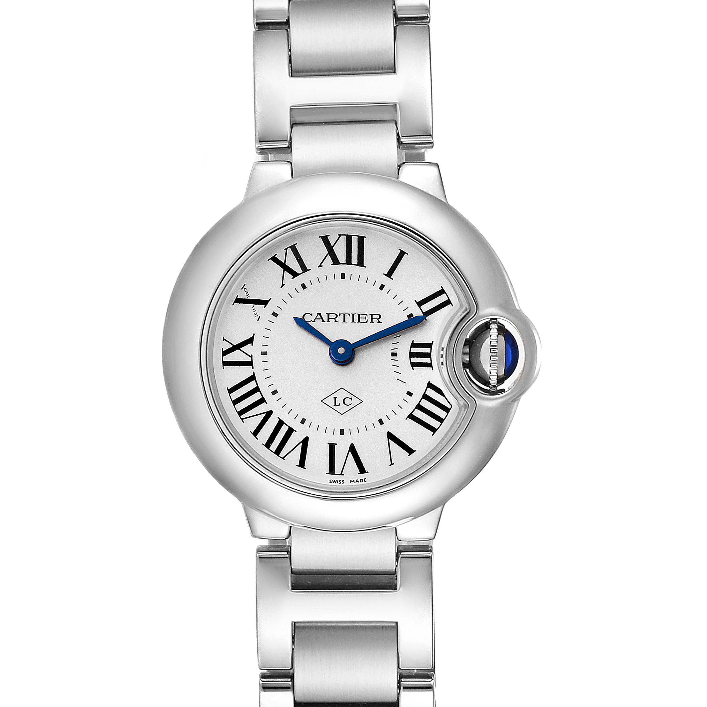 This is a straight-on view of the Cartier Ballon Bleu W69010Z4 Women's Stainless Steel Silver Dial W69010Z4 Women's Stainless Steel Silver Dial watch showing its face, bracelet, and crown.