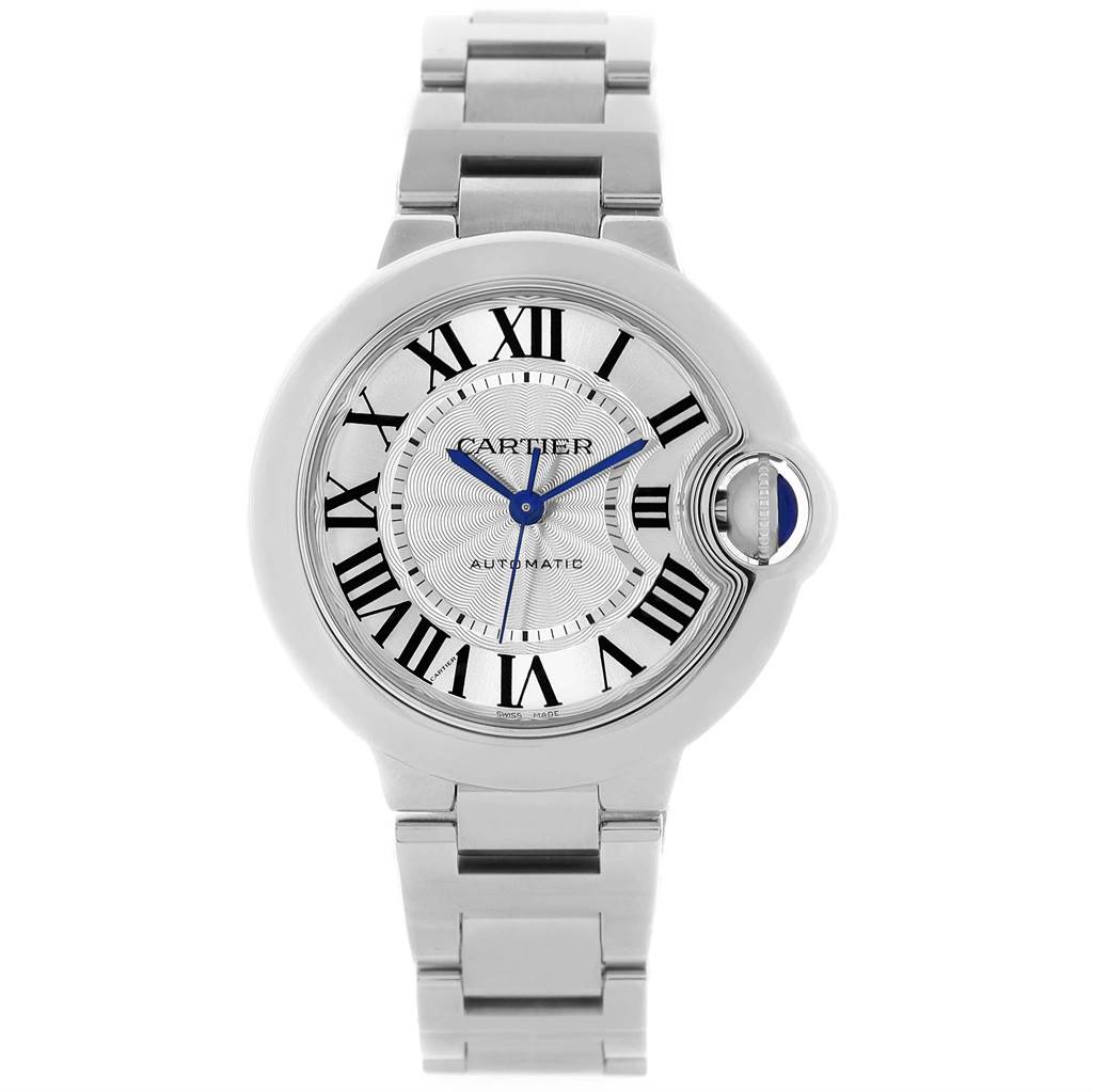 The image shows a front view of the Cartier Ballon Bleu W6920071 Women
s Stainless Steel Silver Dial W6920071 Women
s Stainless Steel Silver Dial watch, highlighting its round silver dial, Roman numerals, and metal bracelet.