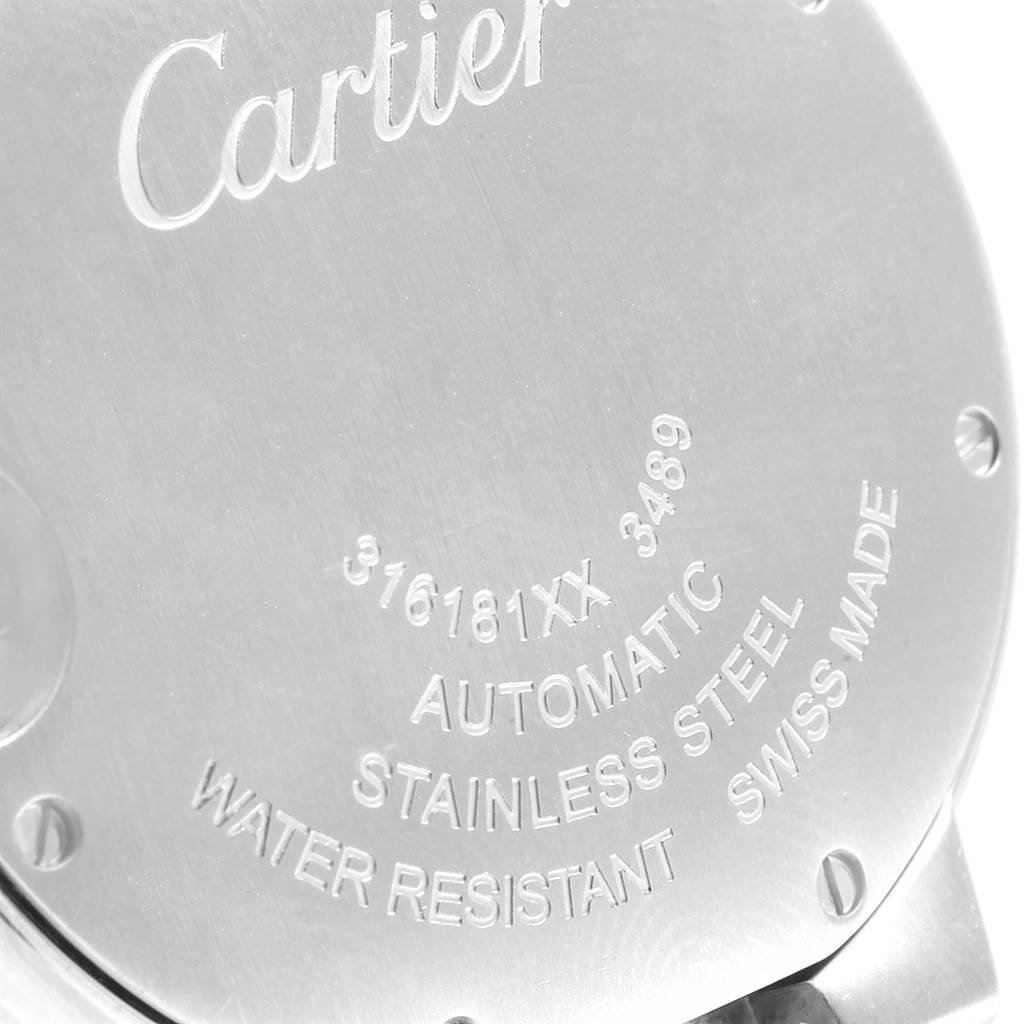 The image shows the back case of a Ballon Bleu model by Cartier, featuring its engraved details.