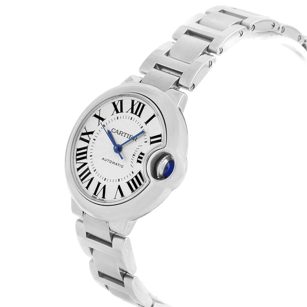 The image shows a Cartier Ballon Bleu W6920071 Women
s Stainless Steel Silver Dial W6920071 Women
s Stainless Steel Silver Dial watch from an angled side view, highlighting the face, bracelet, and crown.