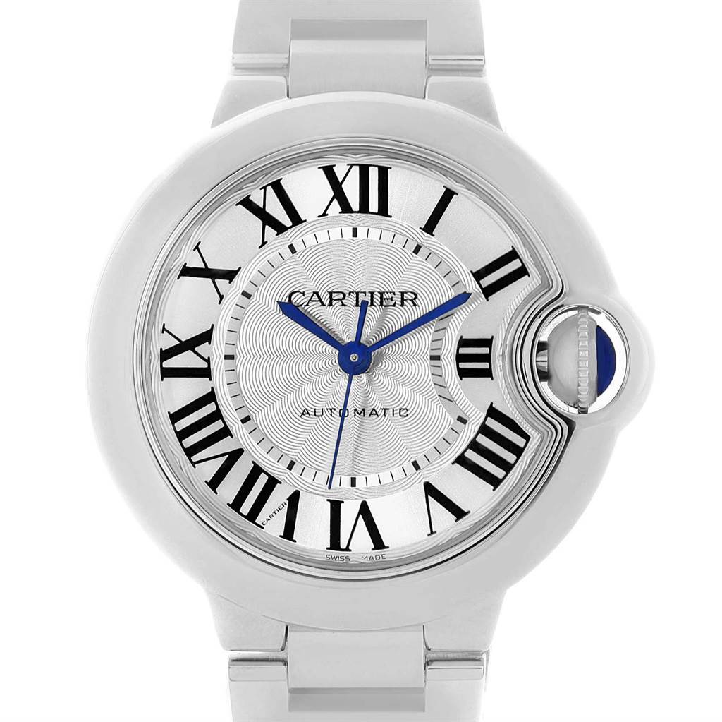 This image shows a front-facing view of the Cartier Ballon Bleu W6920071 Women
s Stainless Steel Silver Dial W6920071 Women
s Stainless Steel Silver Dial watch, emphasizing its dial and Roman numeral markers.