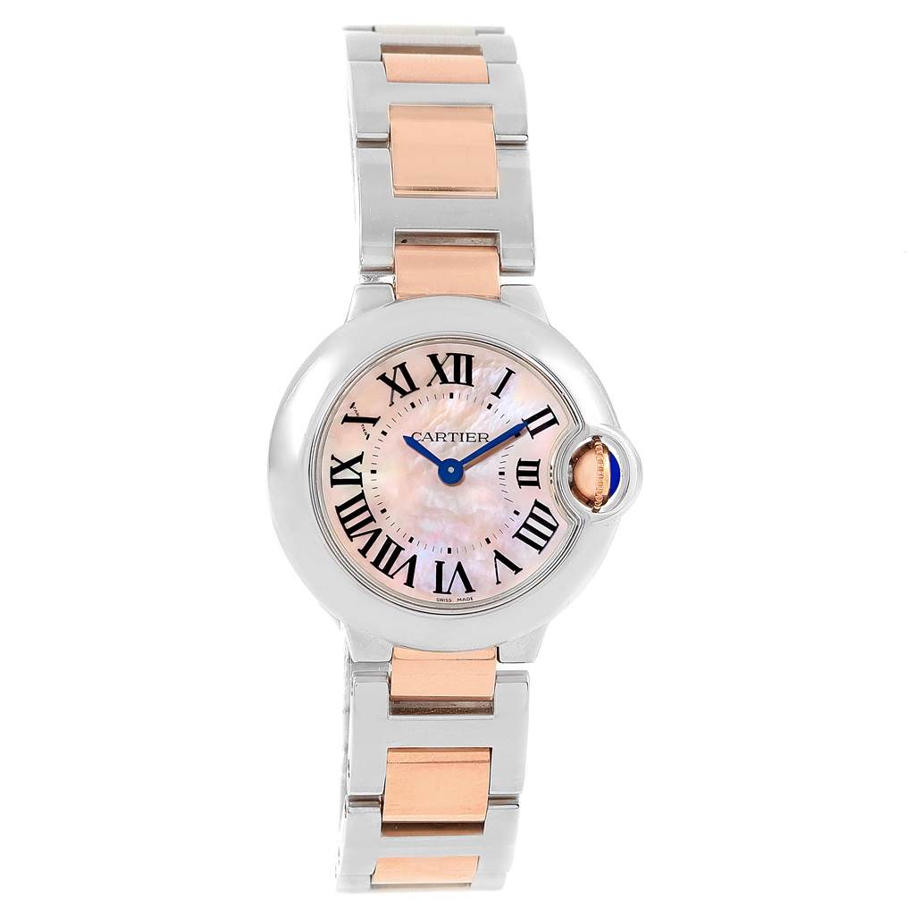 The image shows a frontal view of the Cartier Ballon Bleu W6920034 Women's Steel and Gold (two tone) Mother of Pearl Dial W6920034 Women's Steel and Gold (two tone) Mother of Pearl Dial watch, displaying its face, case, and two-tone bracelet.