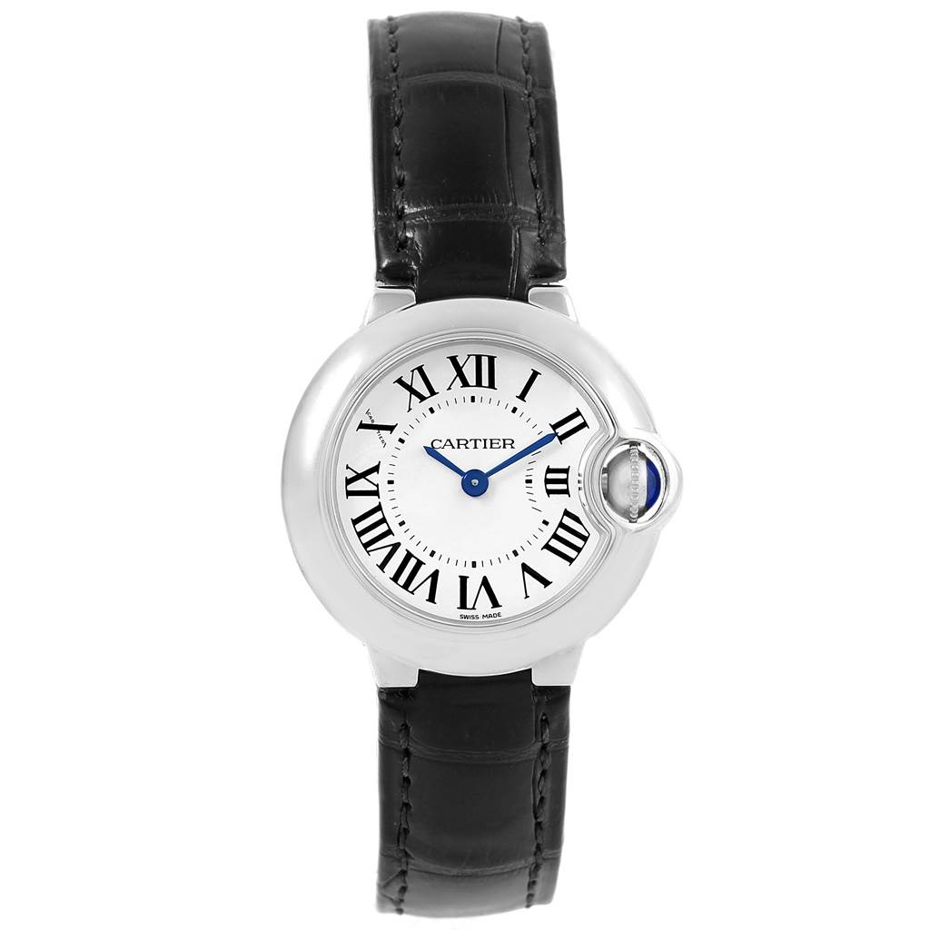The image shows a head-on view of the Cartier Ballon Bleu W69018Z4 Women
s Stainless Steel Silver Dial W69018Z4 Women
s Stainless Steel Silver Dial watch, highlighting the dial, roman numerals, and black leather strap.