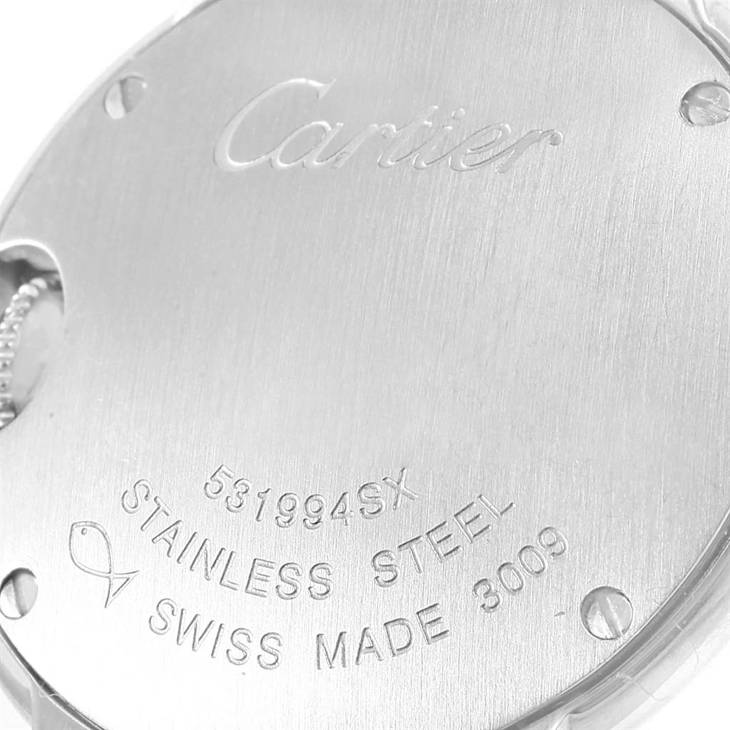 This image shows the stainless steel back casing of a Ballon Bleu by Cartier watch, engraved with the model information.