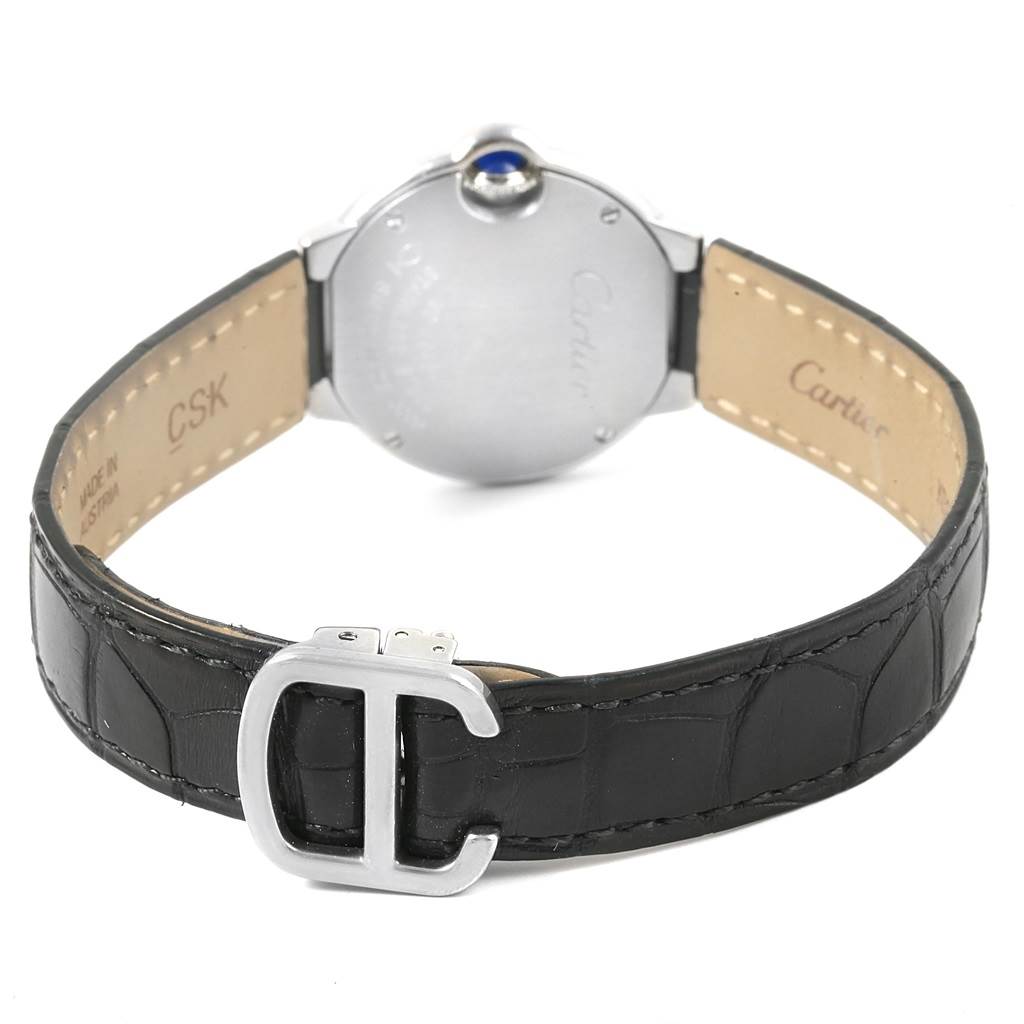This image shows the back view of a Cartier Ballon Bleu W69018Z4 Women
s Stainless Steel Silver Dial W69018Z4 Women
s Stainless Steel Silver Dial watch, highlighting the strap and clasp.