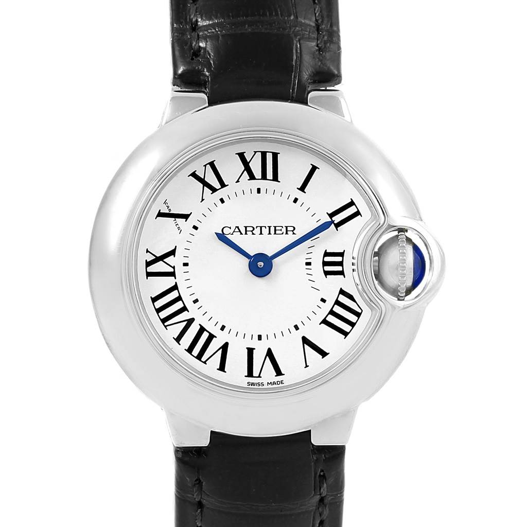 The image shows a front view of a Cartier Ballon Bleu W69018Z4 Women
s Stainless Steel Silver Dial W69018Z4 Women
s Stainless Steel Silver Dial watch, displaying the face and part of the black leather strap.