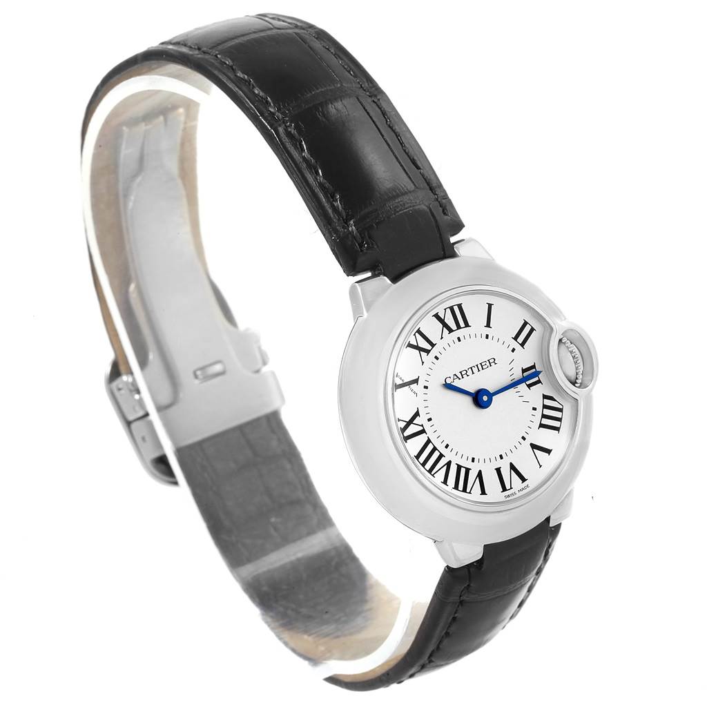 The image shows a Cartier Ballon Bleu W69018Z4 Women
s Stainless Steel Silver Dial W69018Z4 Women
s Stainless Steel Silver Dial watch from a front angle, displaying its black strap, round case, and Roman numeral dial.