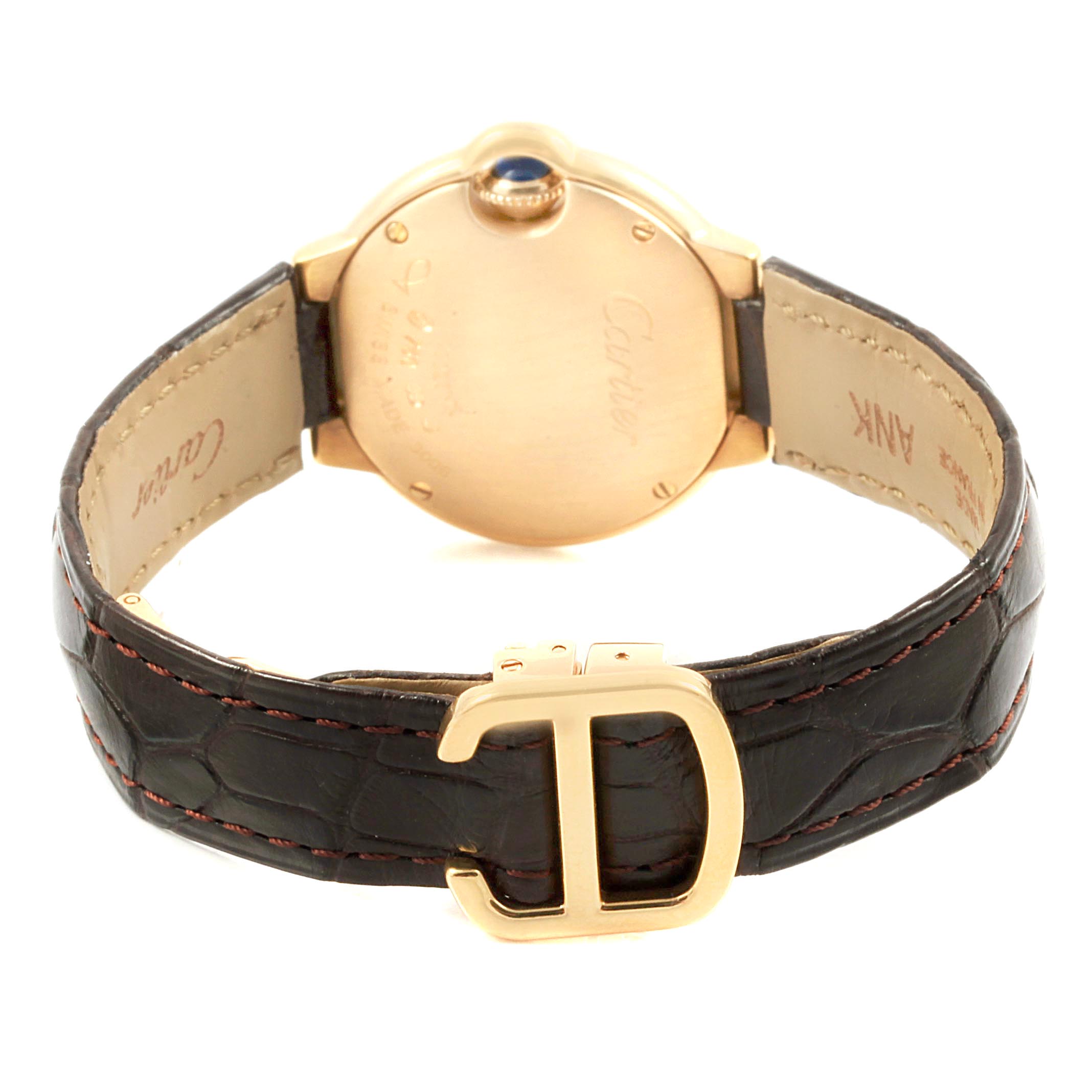 The image shows the back view of a Cartier Ballon Bleu WE900151 Women's Yellow Gold Silver Dial WE900151 Women's Yellow Gold Silver Dial watch, highlighting the clasp and case back.