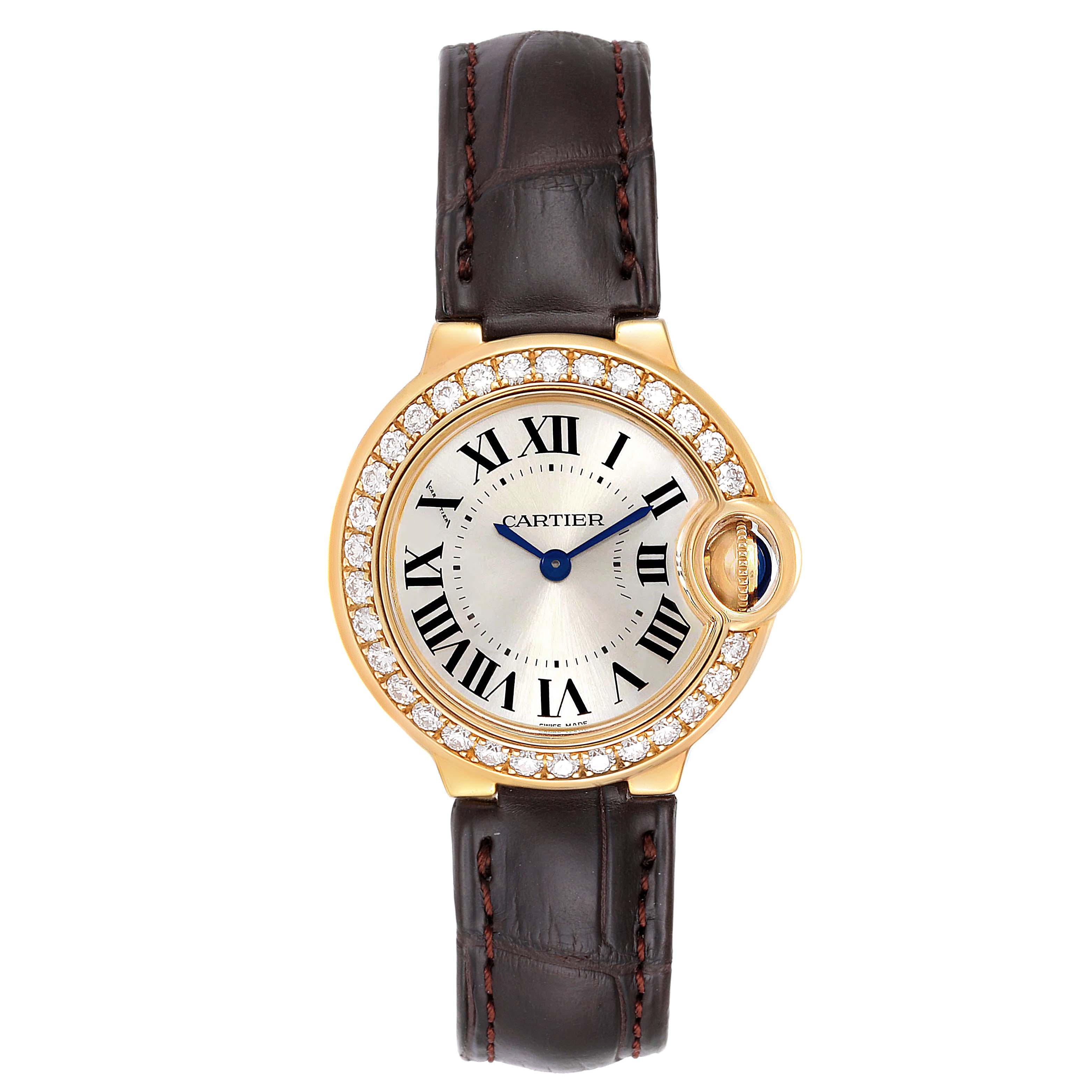 The image shows a Cartier Ballon Bleu WE900151 Women's Yellow Gold Silver Dial WE900151 Women's Yellow Gold Silver Dial watch from a front view, highlighting the face, casing, and leather strap.