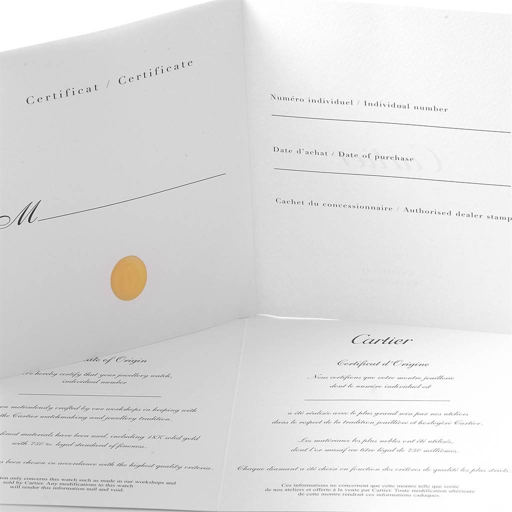 This image shows the certification documentation for a Ballon Bleu model by Cartier.