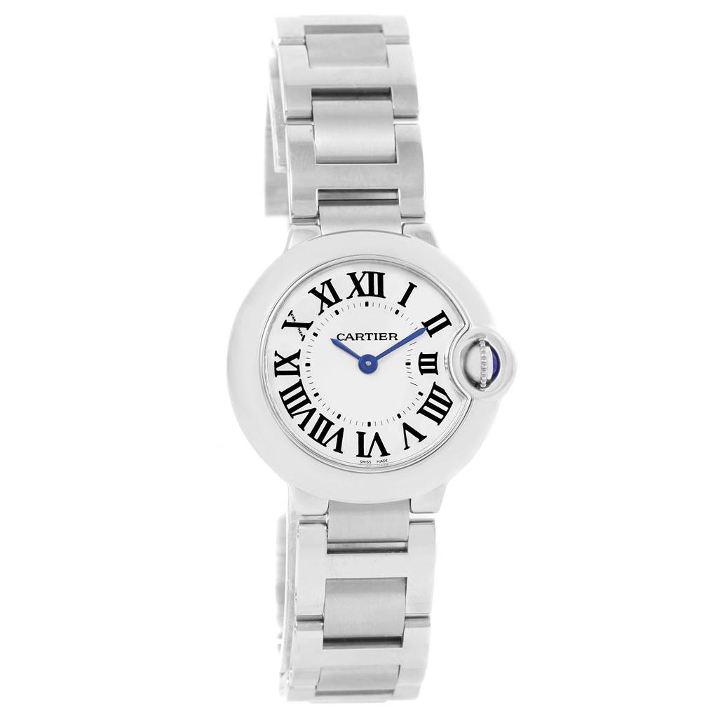 The image shows a front view of the Cartier Ballon Bleu W69010Z4 Women
s Stainless Steel Silver Dial W69010Z4 Women
s Stainless Steel Silver Dial watch, highlighting its face and stainless steel bracelet.