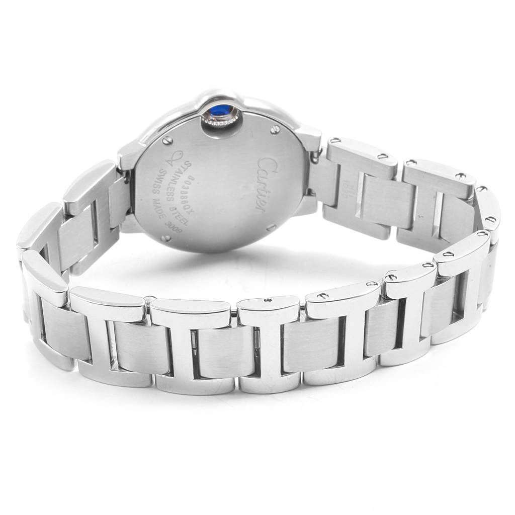 This image shows the back case and metal bracelet of the Ballon Bleu watch by Cartier.