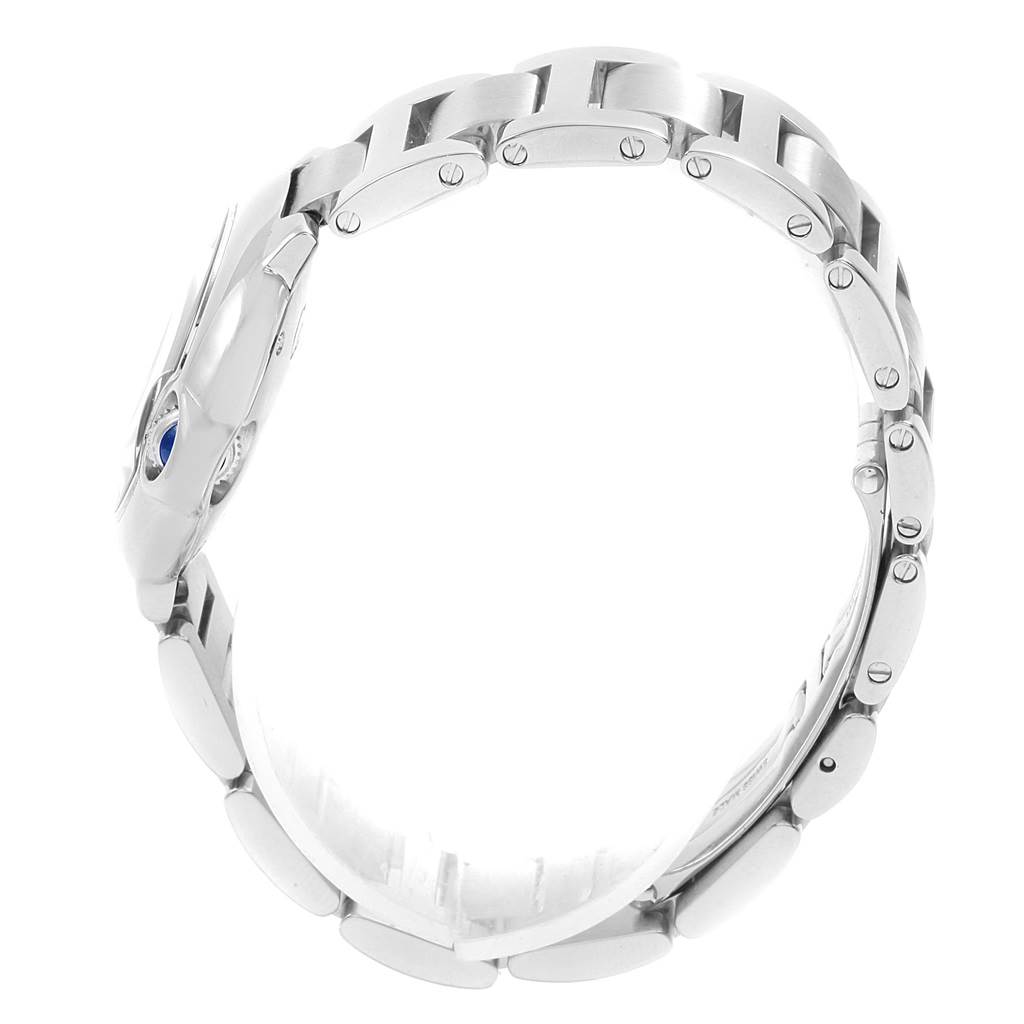 The image shows a side view of the Ballon Bleu de Cartier watch, highlighting the bracelet and side profile of the case.