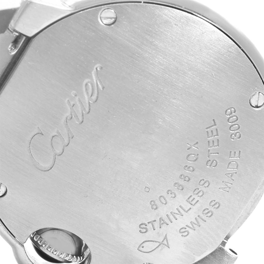 The image shows the back casing of a Ballon Bleu model by Cartier, highlighting the engraved brand name and details.