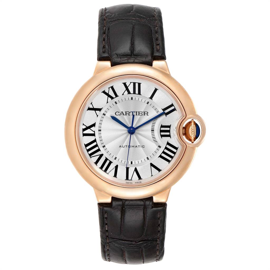 The image shows a front view of a Cartier Ballon Bleu WGBB0009 Men's Rose Gold Silver Dial WGBB0009 Men's Rose Gold Silver Dial watch with a black leather strap and a gold case.