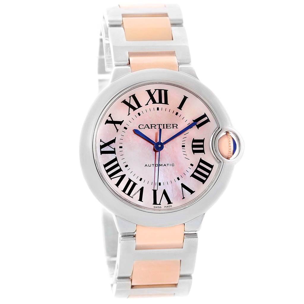 The image shows a front view of a Cartier Ballon Bleu W6920070 Women's Steel and Gold (two tone) Mother of Pearl Dial W6920070 Women's Steel and Gold (two tone) Mother of Pearl Dial watch, highlighting the face, strap, and crown.
