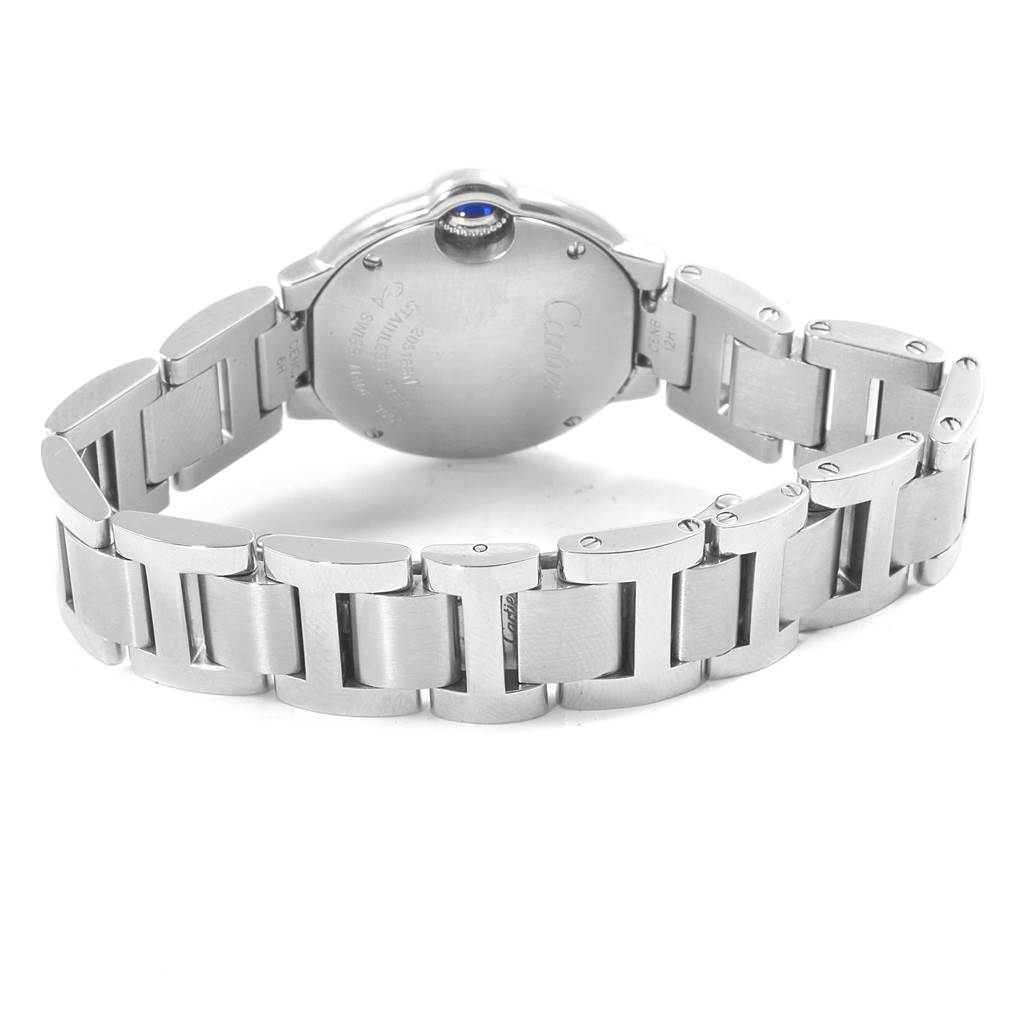 The image shows the back view of a Cartier Ballon Bleu W69010Z4 Women
s Stainless Steel Silver Dial W69010Z4 Women
s Stainless Steel Silver Dial watch, focusing on the stainless steel bracelet and case back.