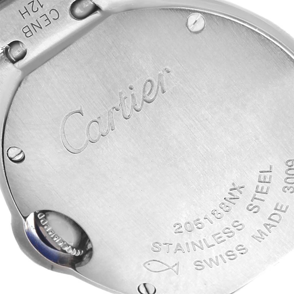 The image shows the case back of a Cartier Ballon Bleu W69010Z4 Women
s Stainless Steel Silver Dial W69010Z4 Women
s Stainless Steel Silver Dial watch, highlighting the Cartier engraving and other inscriptions.